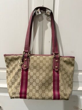 Gucci Beige GG Canvas Tote with Pink Stripe and Straps